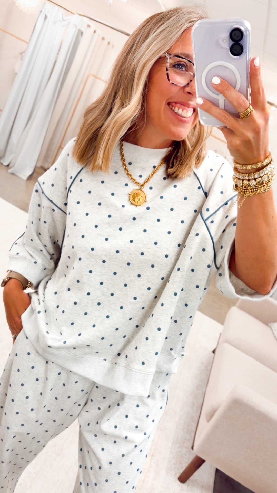 Piper Dot Two Piece Set-Grey/Navy