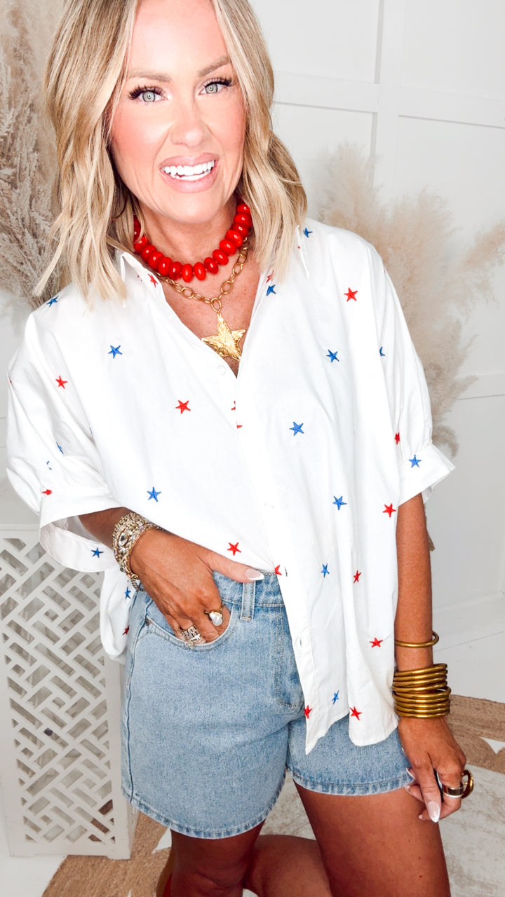 Embroidered Star Oversized Top-Red/White/Blue
