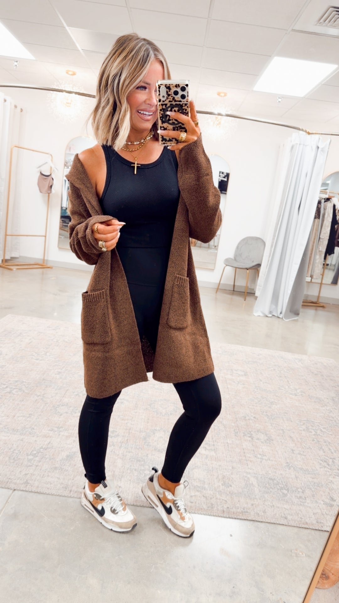 Hooded Open Front Sweater Cardigan-Brown