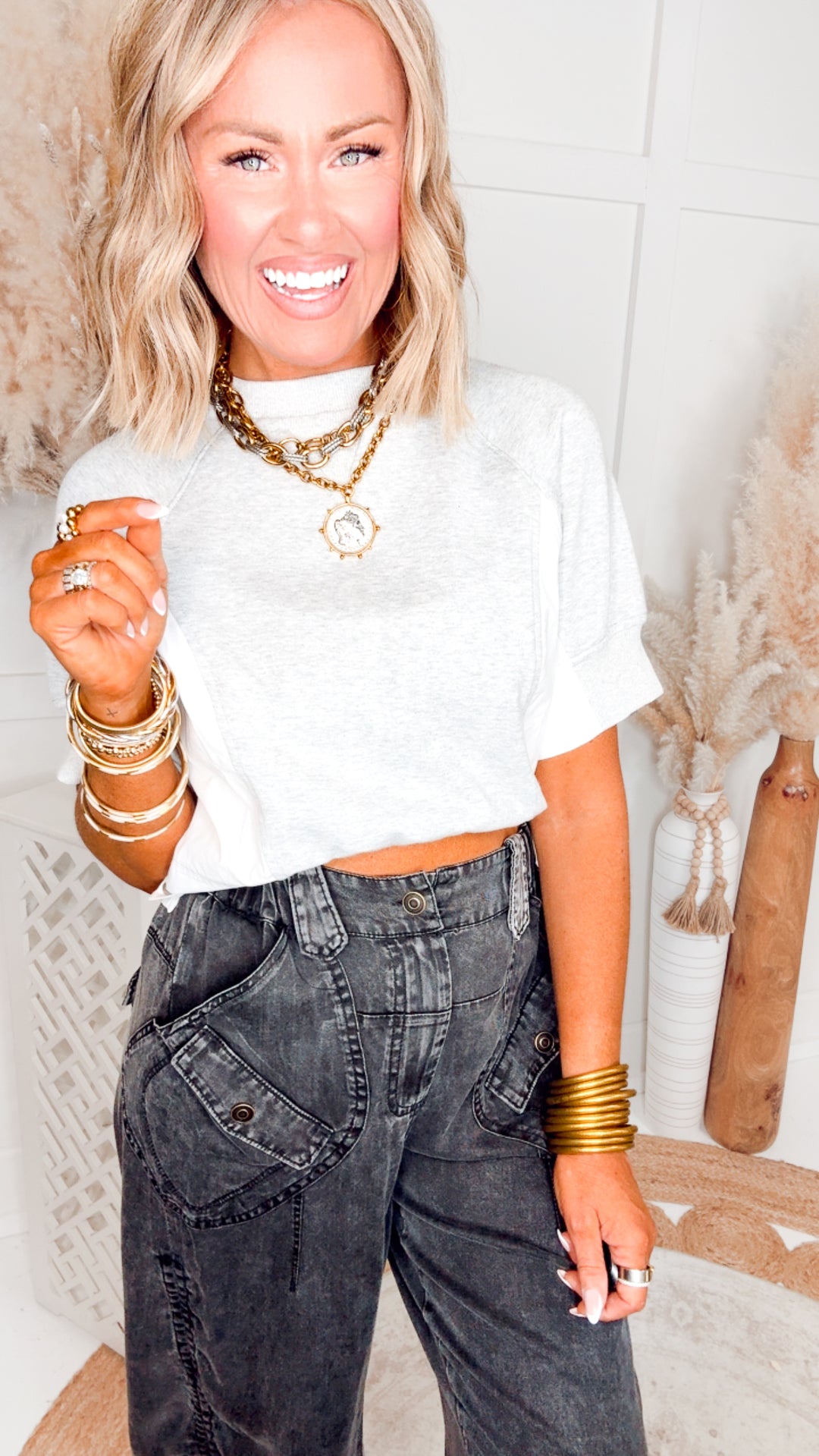 Colorblock Cropped Sweatshirt Top-Grey/White