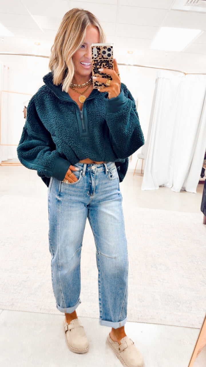 Sherpa Mock Neck Quarter Zip Jacket-Dk Green