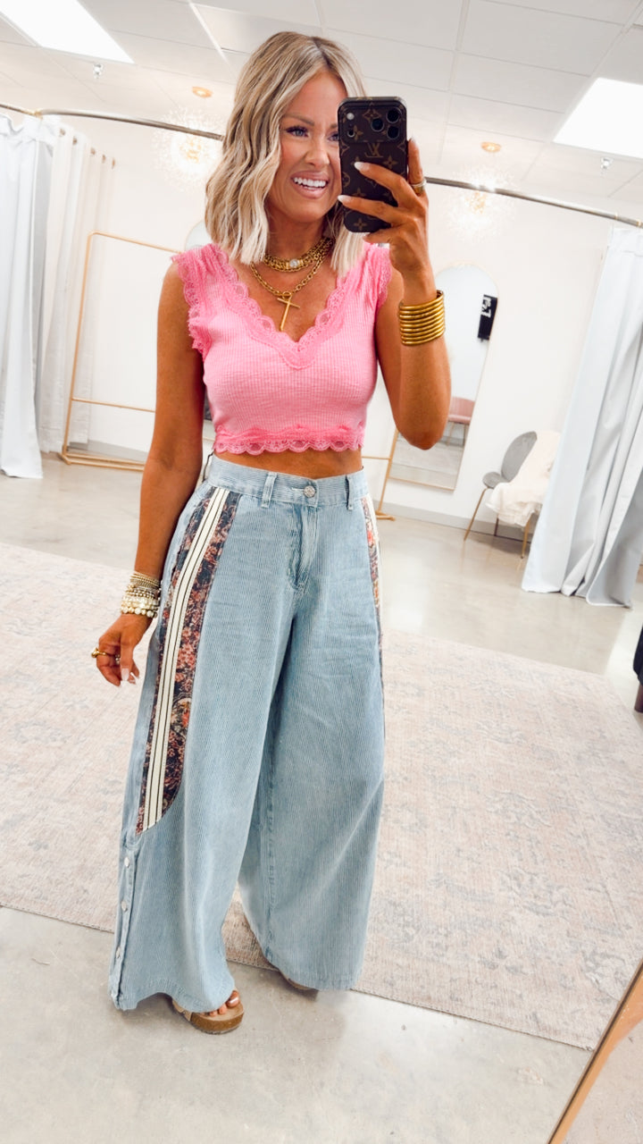 Noa Lace Crop Tank-Fuchsia