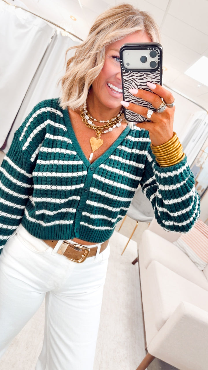 Harbor Striped Cardigan Top-Green/White