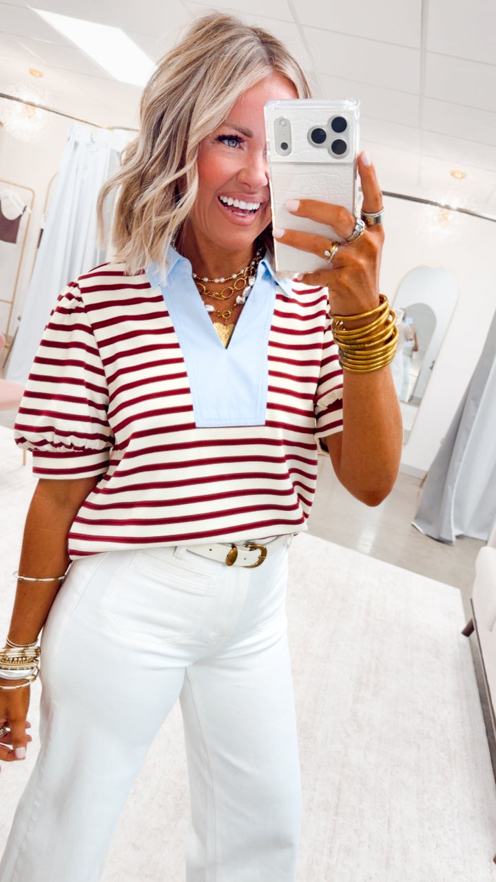 The Charlotte Stripe Top-Maroon