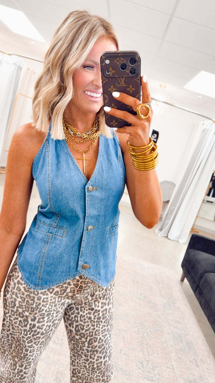 The Axis Tie Denim Vest-Medium