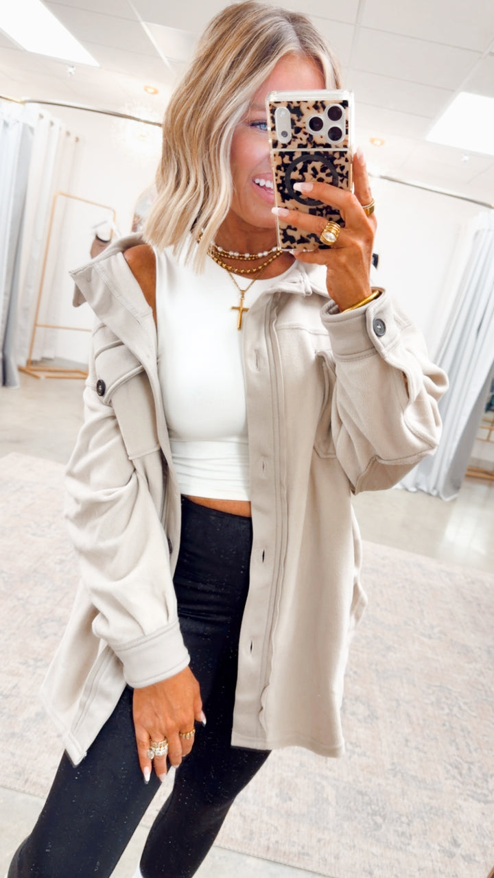 Oversized Basic Fleece Shacket-Sand Beige