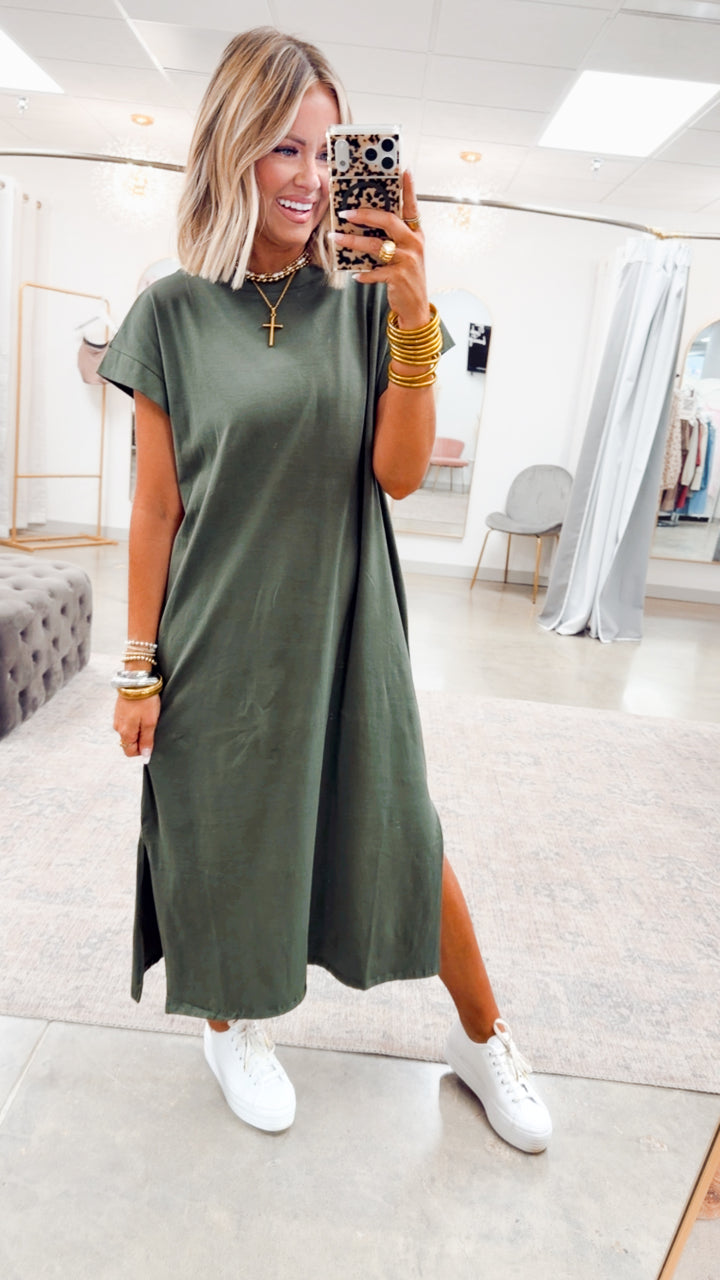 The Brynn Cotton Midi Dress- Olive