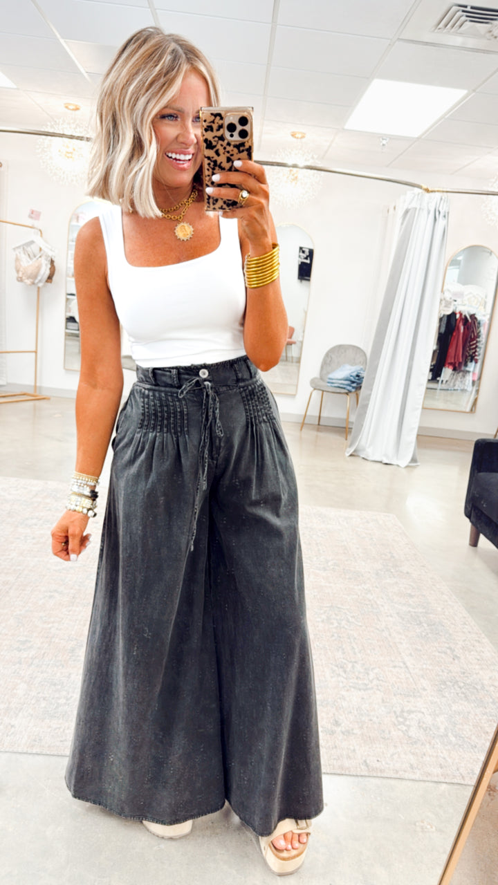 Pintuck Wide Leg Pants-Washed Black