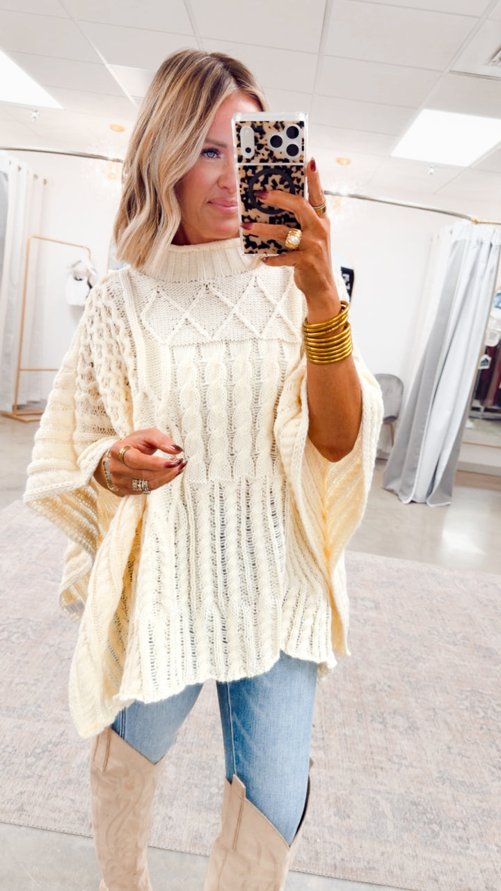 Everlyn Mock Neck Poncho Sweater-Cream