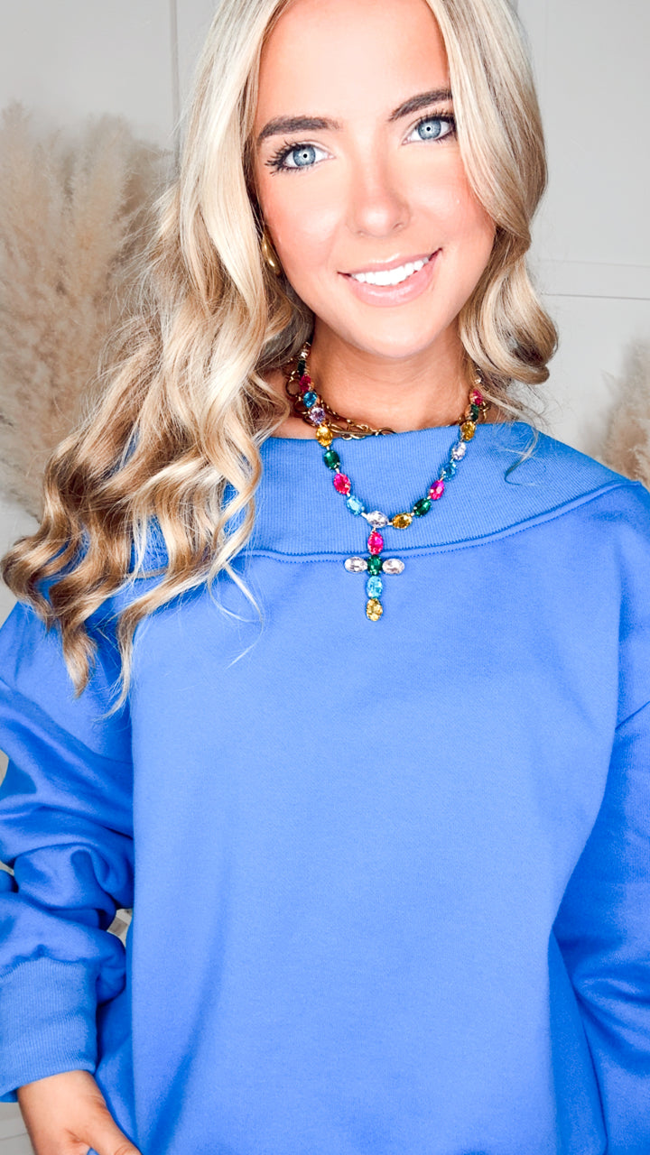 The Casual Crush Off Shoulder Sweatshirt-Royal