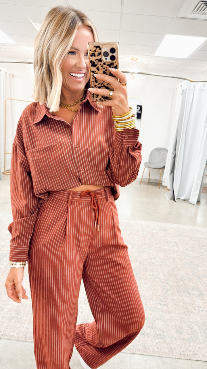 Lexi Pinstripe Top & Pants Set-Burgundy
