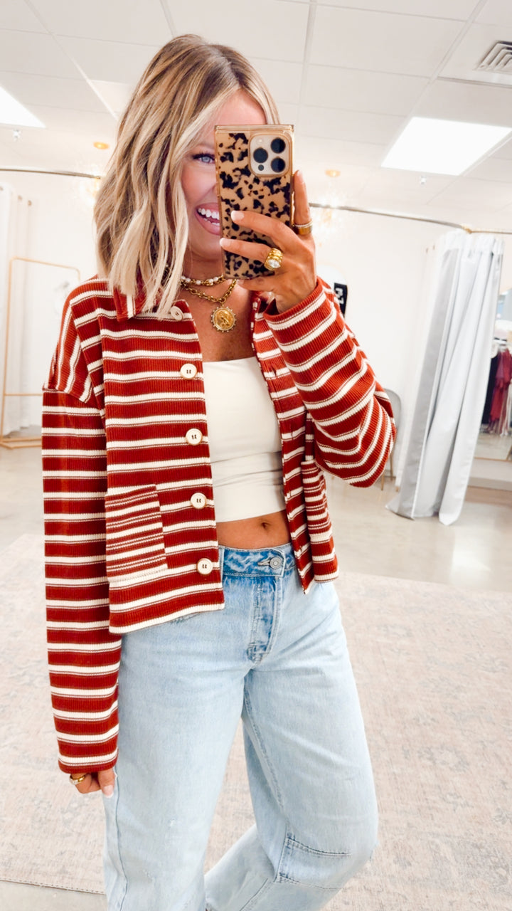 Rust Ribbed Stripe Shacket