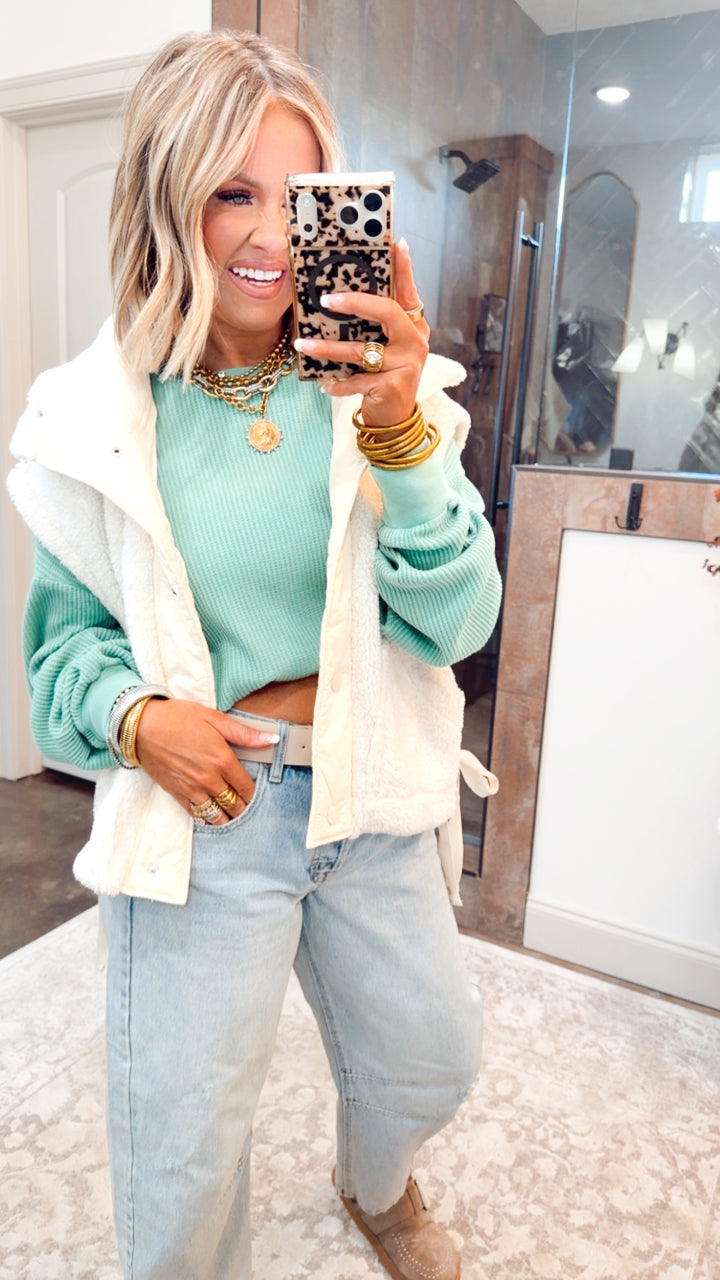 Mineral Washed Waffle Long Sleeve Top-Emerald