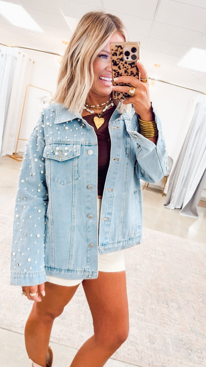 Pearl and Rhinestone Denim Jacket