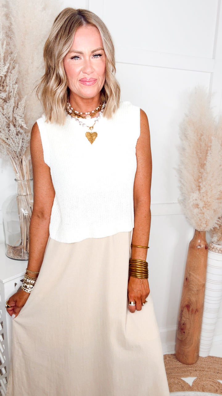 The Laurel Contrast Midi Dress-Off White/Taupe