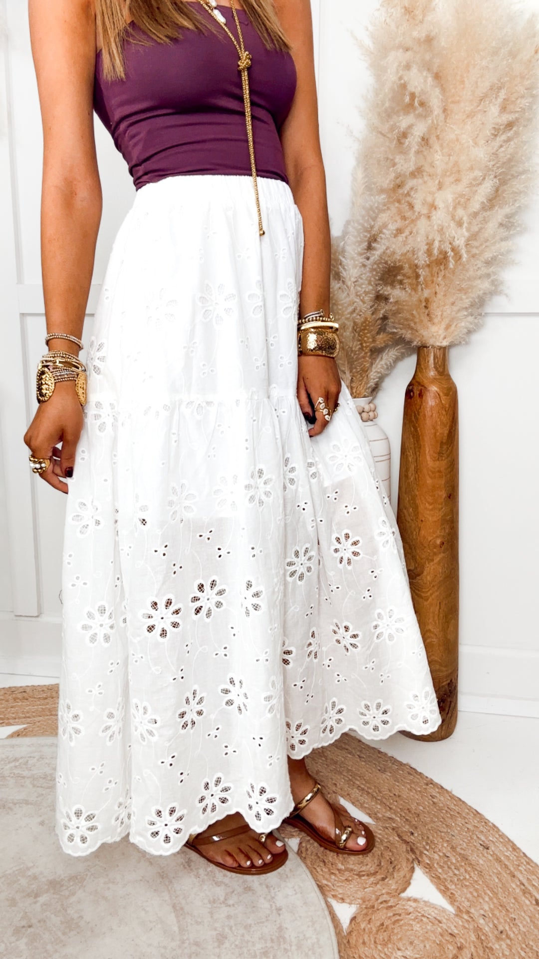Raeyn Eyelet Tiered Midi Skirt