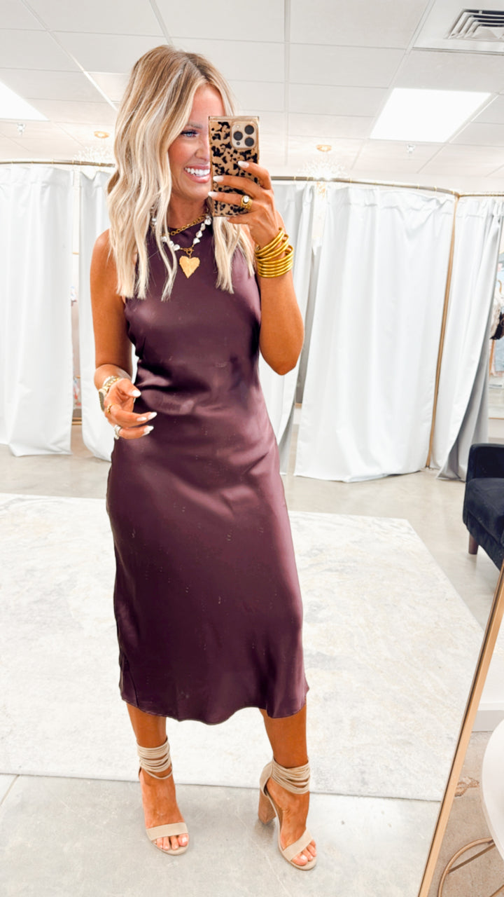 Satin Charm Midi Dress-Dark Cherry