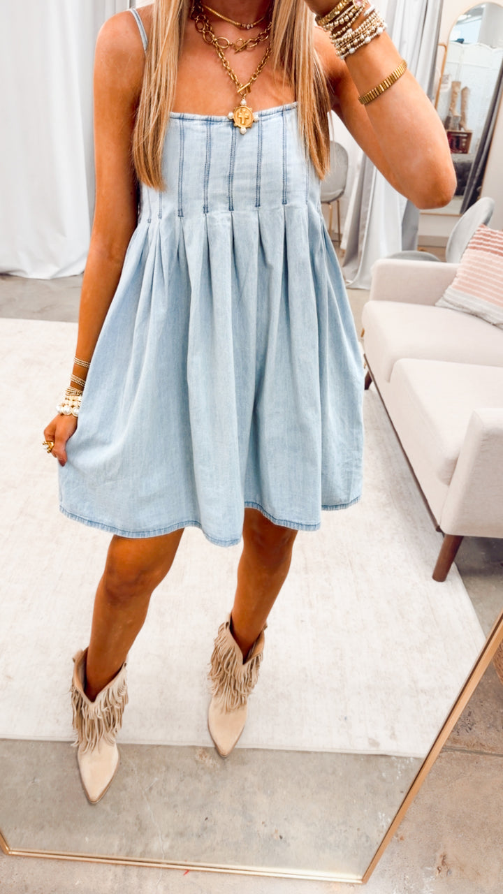 Teagan Pleated Mini Dress-Light Denim