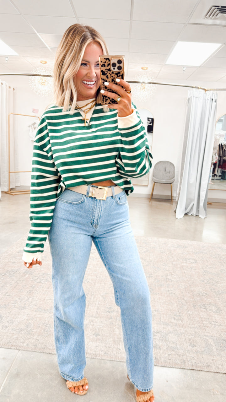 Simple Comfort Striped Top-Green/Cream