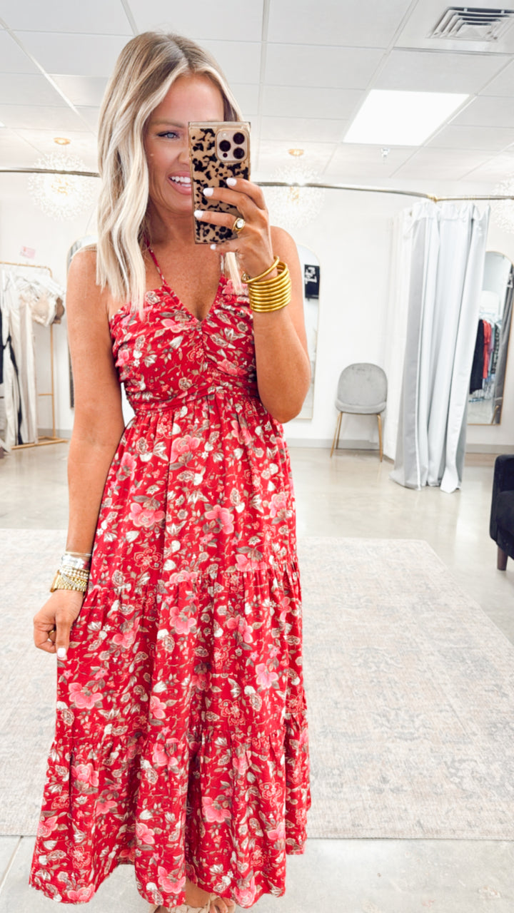 Cascade Halter Tiered Midi Dress