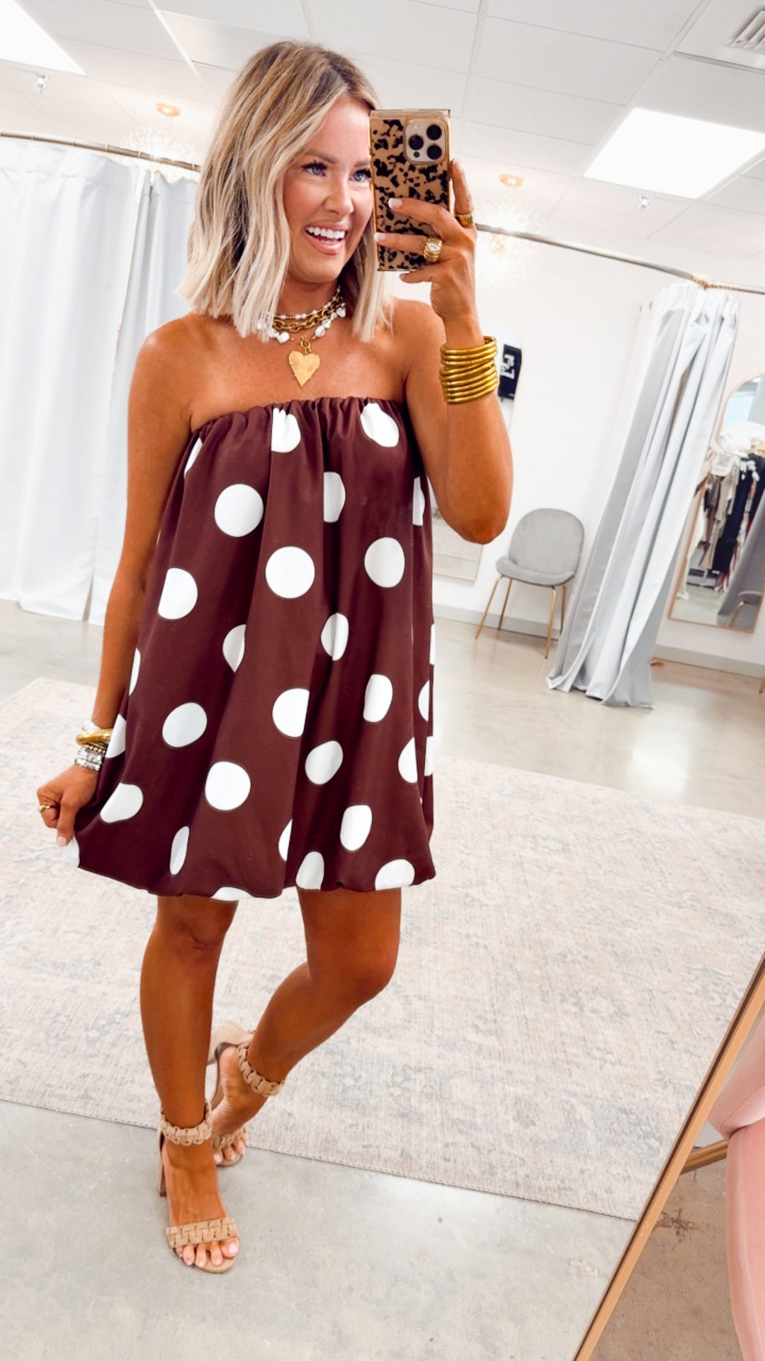 Darling Polka Dot Bubble Hem Dress-Brown/Ivory Small Darling Polka Dot Bubble Hem Dress-Brown/Ivory Small