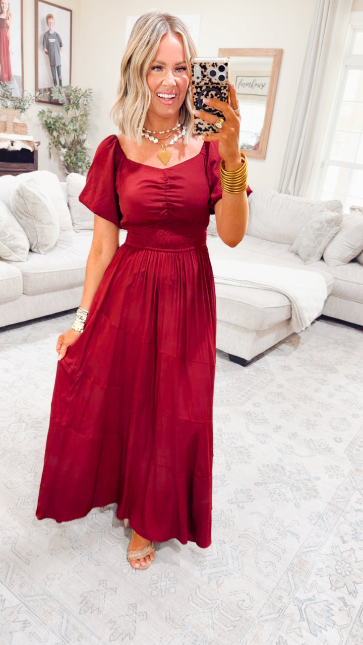 The Serene Smocked Maxi-Burgundy