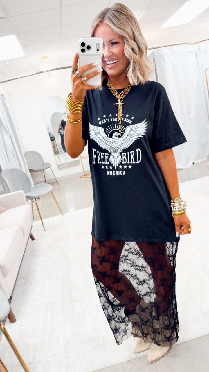 Free Bird America Floral Lace T-Shirt Dress-Black