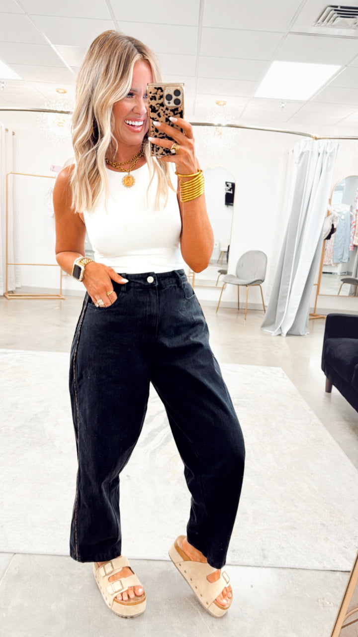 Leopard Print Piping Barrel Jeans