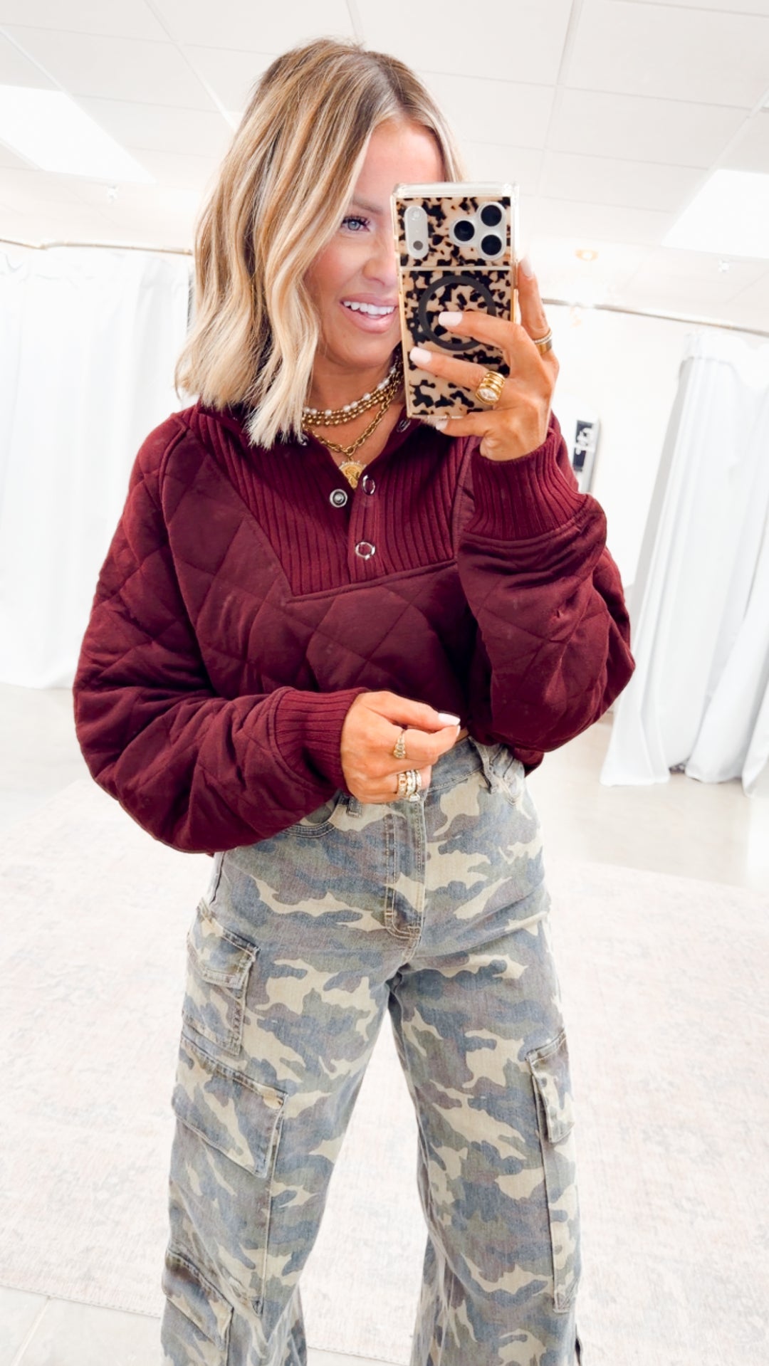 Quilted Snap Pullover-Dk Cherry