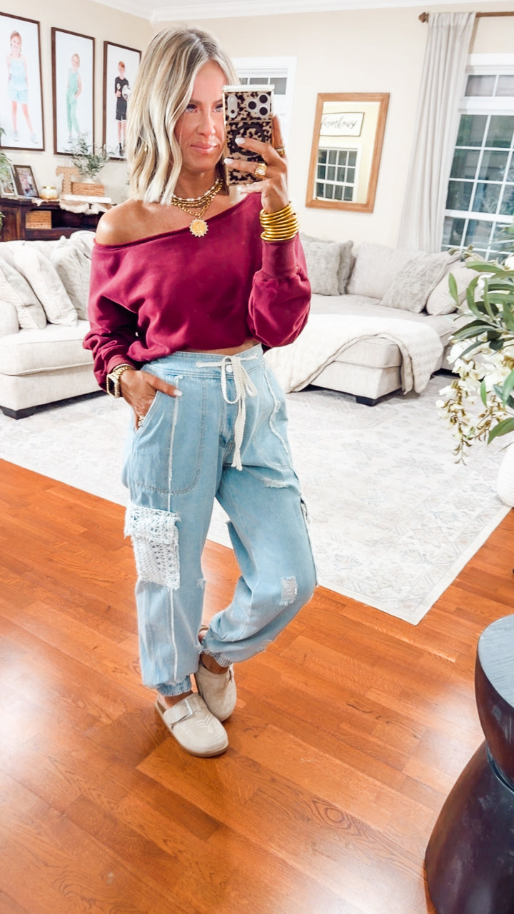 Alina Off Shoulder Sweatshirt-Burgundy