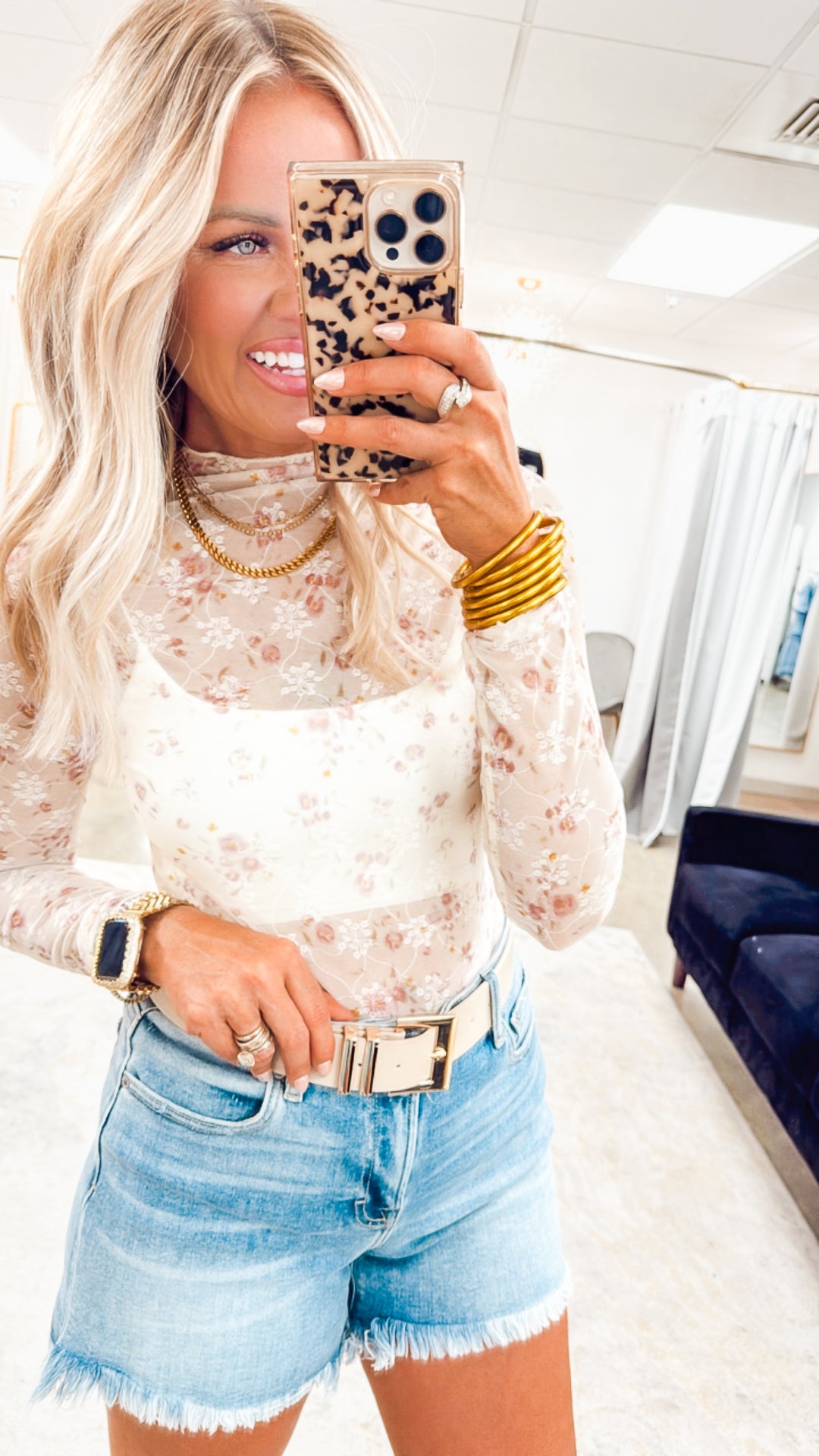 Floral Mesh Turtle Neck Top-Indian Pink