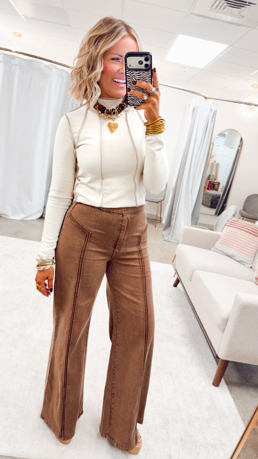 Vera Mock Neck Crop Top-Beige