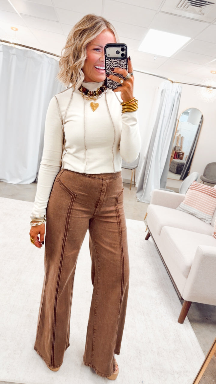 Vera Mock Neck Crop Top-Beige