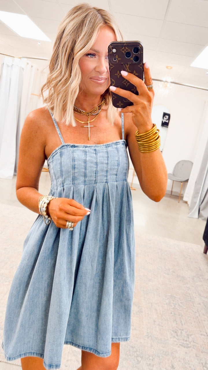 Teagan Pleated Mini Dress-Medium Denim
