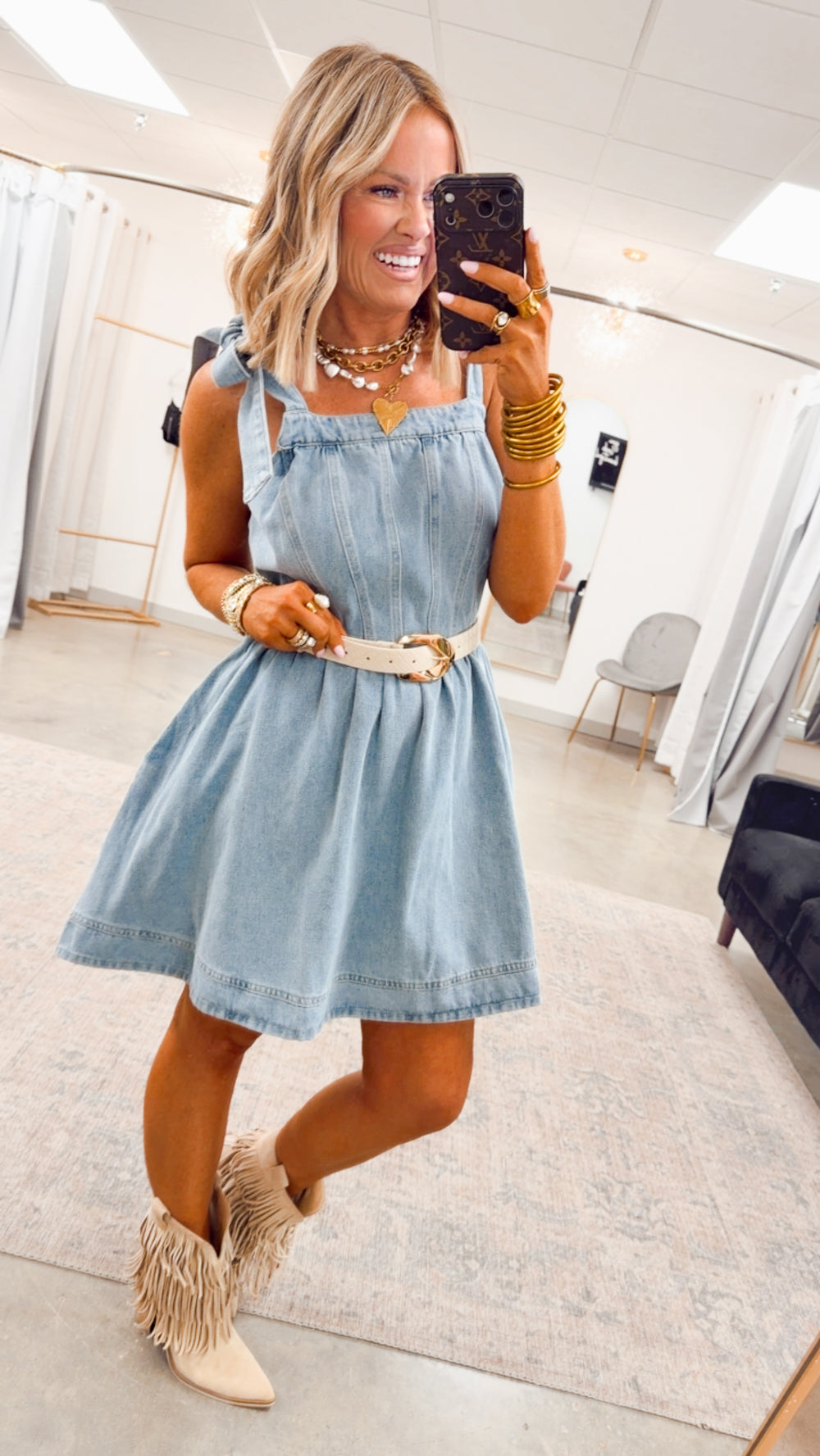 FINAL SALE- Hadley Tie-Shoulder Denim Dress Large