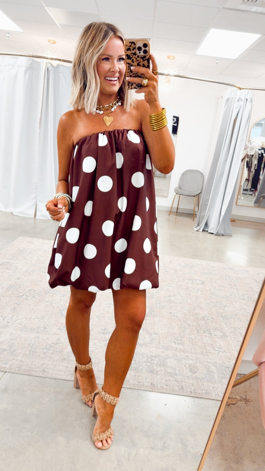 Darling Polka Dot Bubble Hem Dress-Brown/Ivory