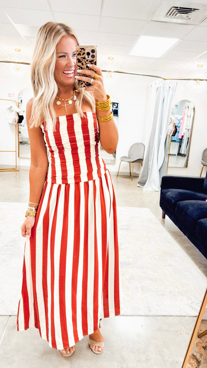 Vertical Stripe Strapless Midi Dress-Red