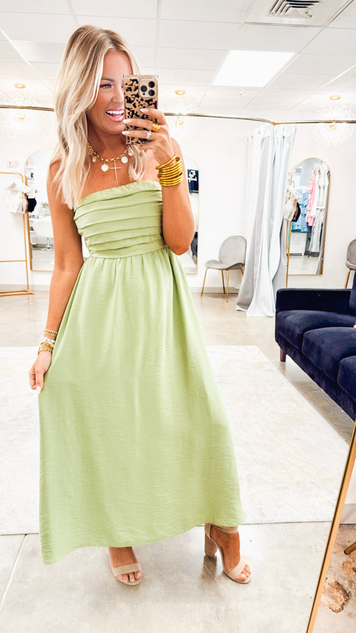 Pleated Bodice Strapless Midi Sundress- Green