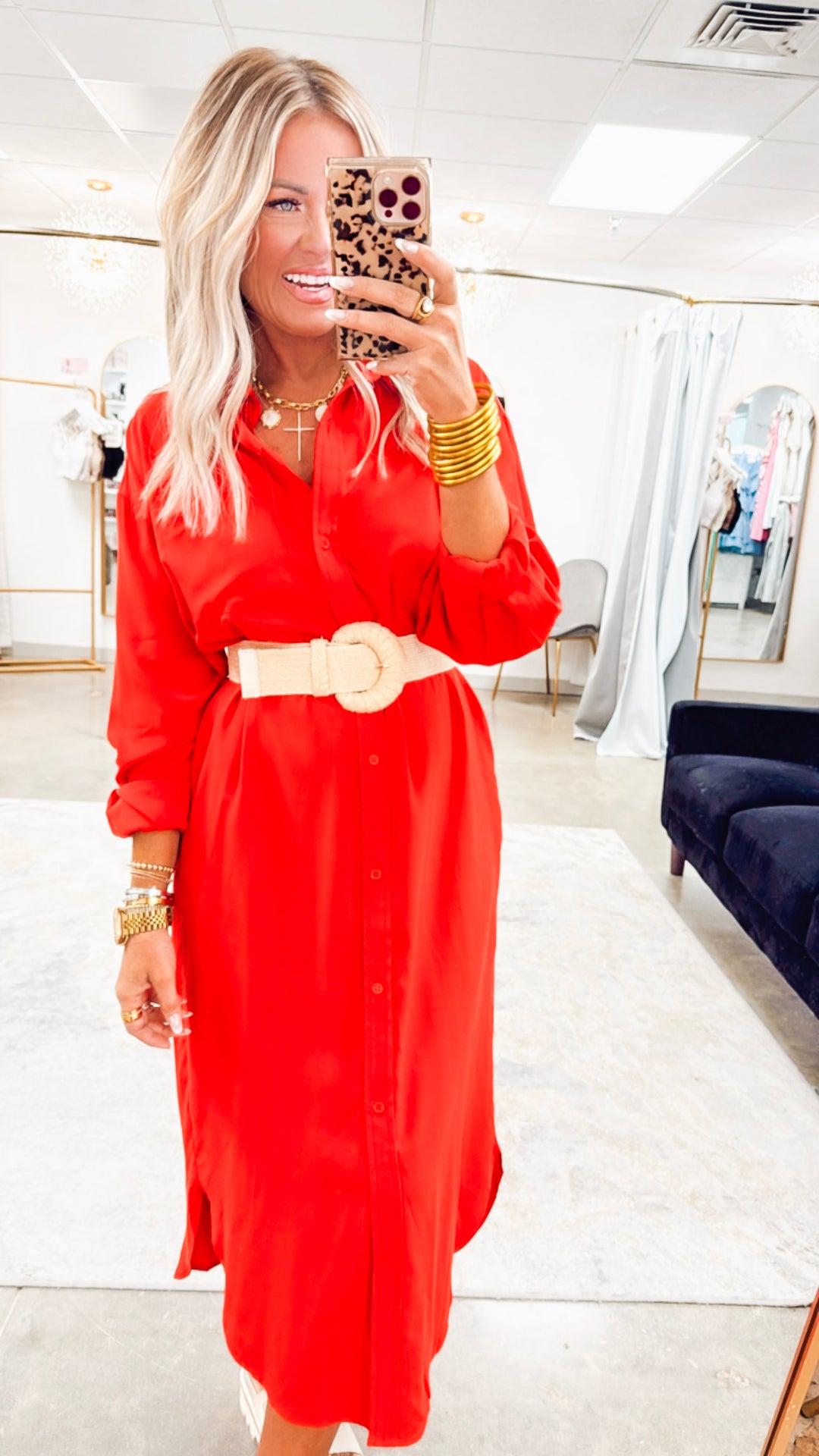The Elle Oversized Midi Shirt Dress- Red