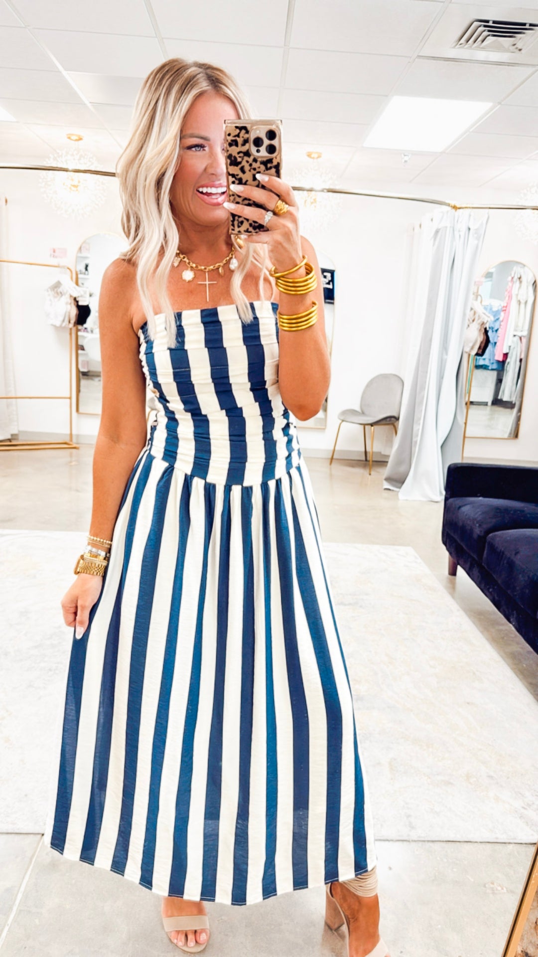 Vertical Stripe Strapless Midi Dress- Navy