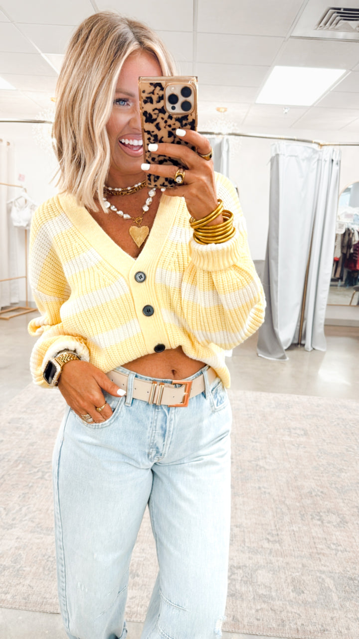 Sadie Striped Sweater Cardigan-Yellow