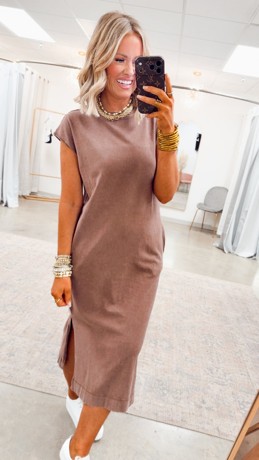 Mineral Washed Cap Sleeve Midi Dress-Chocolate