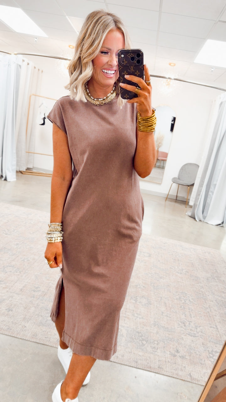 Mineral Washed Cap Sleeve Midi Dress-Chocolate