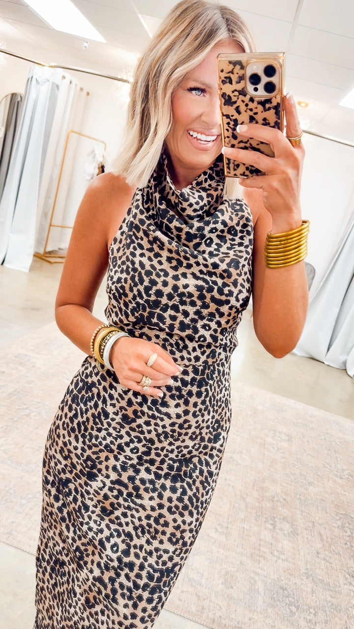 Leopard Halter Cowl Neck Midi Dress