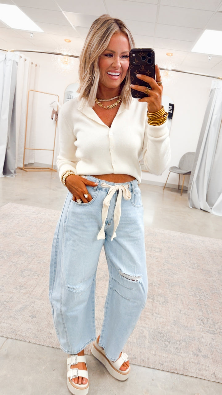 Emmie Eyelet Belted Barrel Jeans