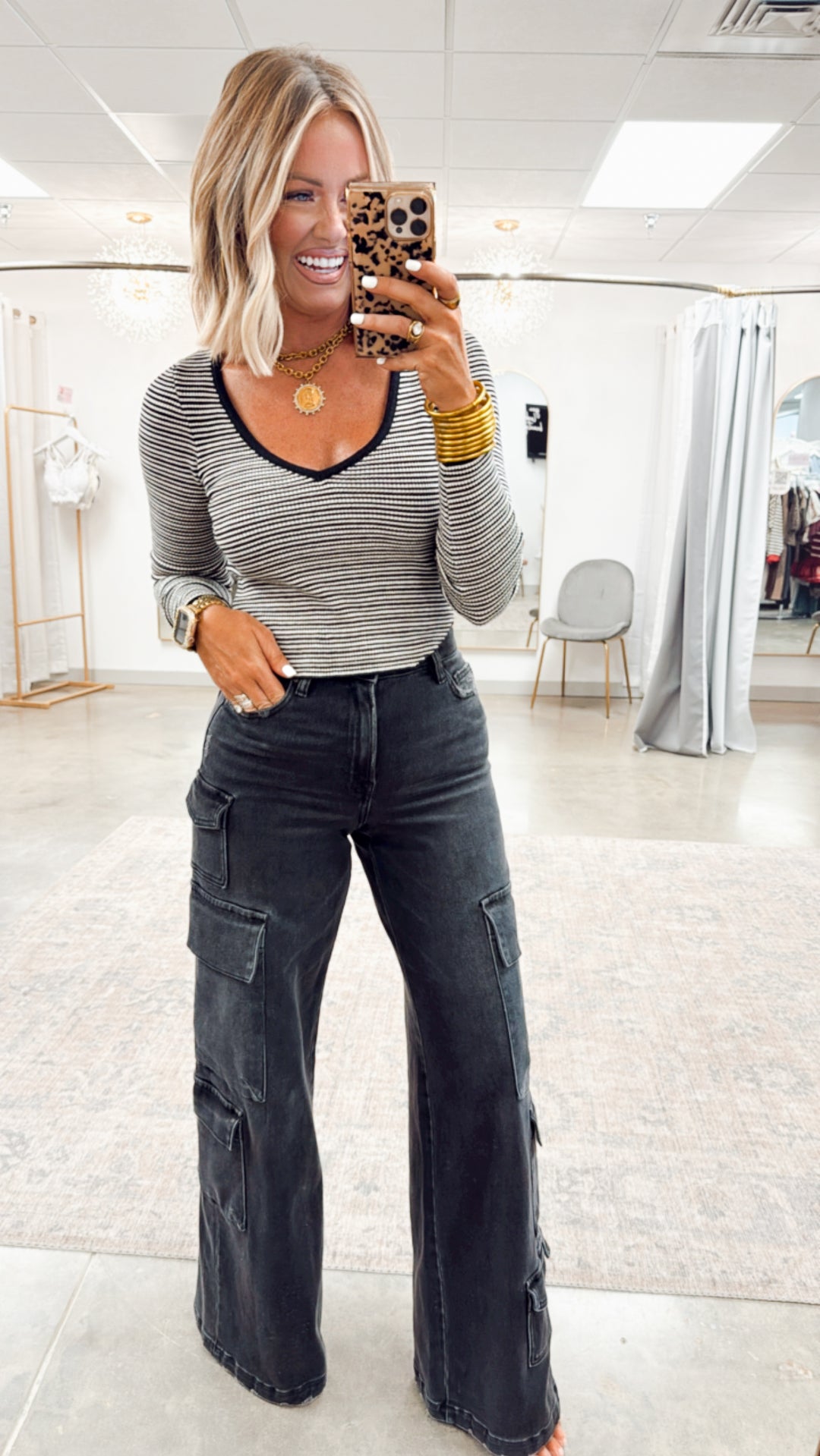 Lennox Striped V Neck Top-Black