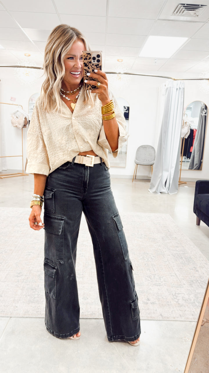 Embroidered Tabbed Sleeve Top
