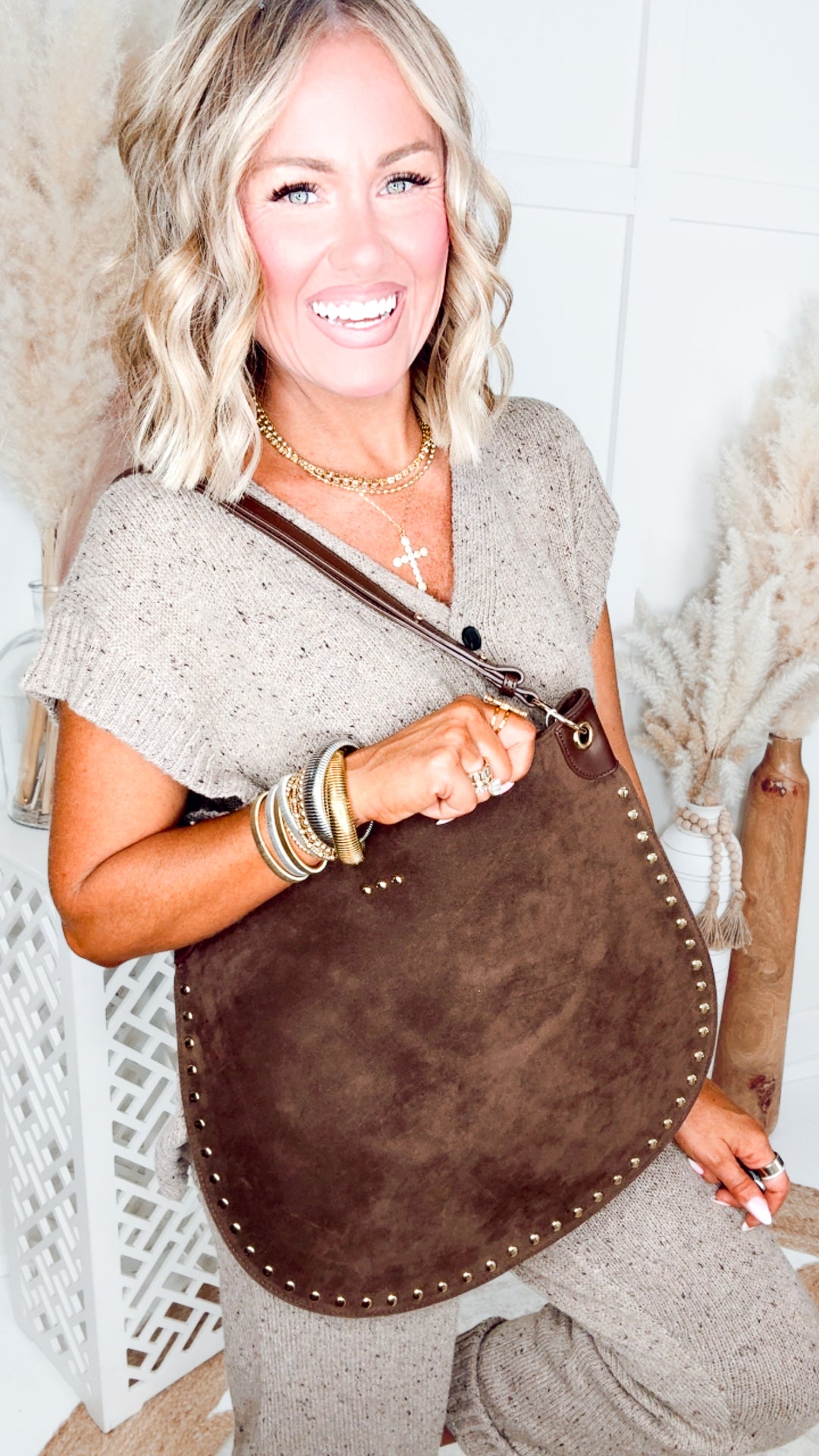 The Chocolate Rosalie Rivet Suede Hobo Bag
