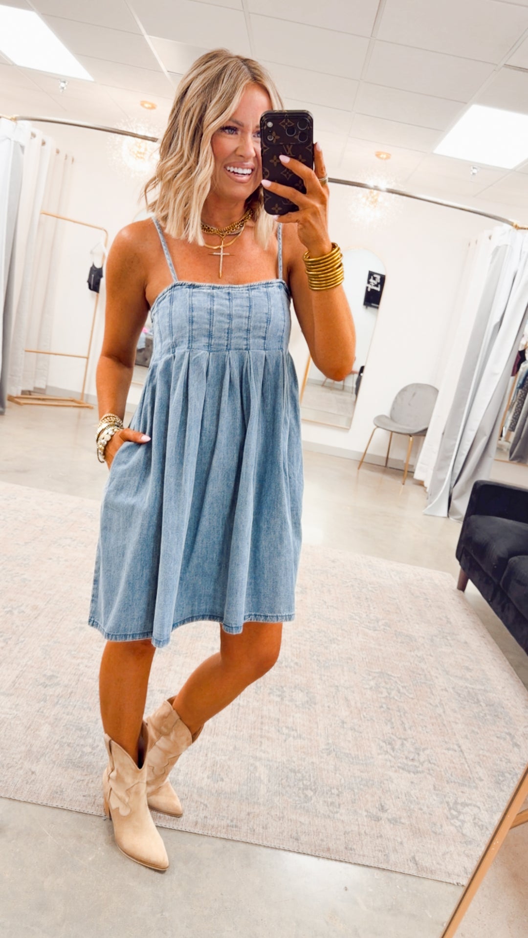 Teagan Pleated Mini Dress-Medium Denim