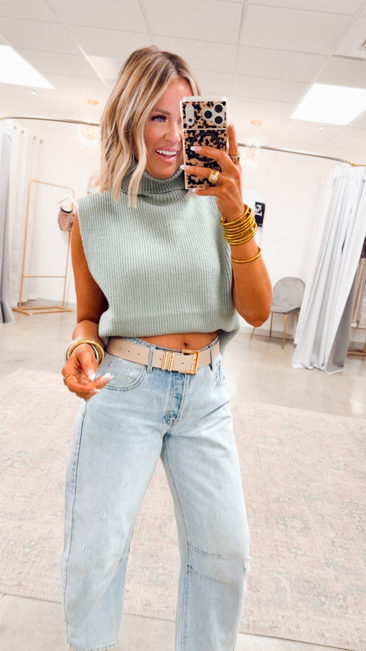 Sleeveless Turtleneck Sweater Vest-Sage